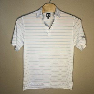 FootJoy Double Pin Stripe Polo Mens Medium‎ White/Aqua W/Logo